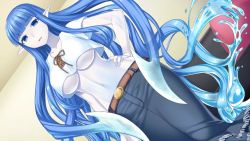 Rule 34 | 1girl, absurdly long hair, artist request, belt, blue eyes, blue hair, blue skin, blunt bangs, breasts, colored skin, couch, crop top, denim, dina (monster musume), game cg, hand on own hip, jeans, large breasts, liquid hair, long hair, midriff, monster musume no iru nichijou, monster musume no iru nichijou online, official art, pants, parted lips, pointy ears, semi-transparent, underboob, very long hair