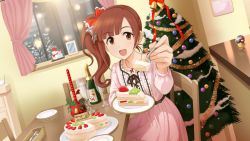 Rule 34 | 10s, 1girl, alcohol, artist request, bell, blouse, bottle, bow, bowtie, brown eyes, brown hair, cake, cake slice, candle, chair, champagne, champagne flute, christmas, christmas ornaments, christmas tree, cup, drinking glass, feeding, food, frills, hair ribbon, highres, idolmaster, idolmaster cinderella girls, idolmaster cinderella girls starlight stage, igarashi kyoko, incoming food, indoors, jewelry, jpeg artifacts, lace, lace-trimmed ribbon, lace trim, long hair, looking at viewer, merry christmas, official art, pendant, plate, ponytail, pov across table, pov feeding, ribbon, room, shirt, side ponytail, sitting, skirt, smile, solo, table, window