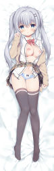 Rule 34 | 1girl, absurdres, amanagi seiji, bed sheet, black bow, black thighhighs, blue eyes, blue panties, blush, bow, bow panties, breasts, brown cardigan, brown skirt, cardigan, closed mouth, clothes lift, collared shirt, commentary request, dakimakura (medium), grey hair, hair between eyes, hair bow, hand up, highres, long hair, long sleeves, looking at viewer, lying, medium breasts, navel, nipples, no shoes, off shoulder, on back, open cardigan, open clothes, open shirt, original, panties, plaid, plaid skirt, pleated skirt, shirt, skirt, skirt lift, sleeves past wrists, solo, thighhighs, twintails, underwear, very long hair, white shirt