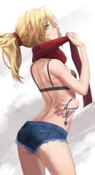 Rule 34 | 1girl, ass, back, bad id, bad twitter id, black bra, blonde hair, blue shorts, bra, braid, breasts, cutoffs, denim, denim shorts, fate/apocrypha, fate (series), french braid, green eyes, hair ornament, hair scrunchie, highres, jewelry, unworn jewelry, long sleeves, looking at viewer, looking back, mordred (fate), mordred (fate/apocrypha), necklace, unworn necklace, parted bangs, pendant, ponytail, red scarf, red scrunchie, scarf, scrunchie, short shorts, shorts, sidelocks, small breasts, smile, solo, thighs, tonee, underwear