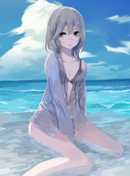 Rule 34 | 1girl, absurdres, bikini, bikini top only, black bikini, blue eyes, blue sky, cloud, cloudy sky, collarbone, commentary request, day, grey hair, hair between eyes, highres, horizon, long hair, looking at viewer, ocean, off shoulder, ogami ren, open clothes, open shirt, original, outdoors, parted lips, see-through, shirt, sitting, sky, solo, swimsuit, wariza, water, wet, wet clothes, white shirt