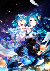Rule 34 | 2girls, ;d, bang dream!, bare shoulders, bird, black dress, blue bow, blue bowtie, blue dress, blurry, blush, bow, bowtie, braid, closed mouth, collared dress, commentary request, depth of field, dress, flower, flying paper, frilled dress, frills, gemini (constellation), green eyes, hair flower, hair ornament, hairband, highres, hikawa hina, hikawa sayo, idol, idol clothes, long hair, looking at another, multiple girls, off-shoulder dress, off shoulder, one eye closed, open mouth, paper, pinky swear, see-through, short hair, siblings, sidelocks, sky, smile, sparkle, star (sky), starry sky, teeth, toto (sa-dosama), twins, two-tone dress, upper teeth only, water drop, white dress, white wrist cuffs, wrist cuffs
