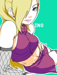 Rule 34 | 1girl, arm support, artist request, bare shoulders, blonde hair, blue eyes, earrings, hair ornament, hair over one eye, hairclip, jewelry, long hair, looking at viewer, lying, midriff, naruto, naruto (series), on side, solo, yamanaka ino