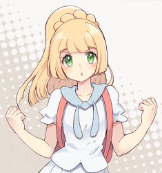 Rule 34 | 1girl, backpack, bag, blonde hair, blush, clenched hands, collarbone, commentary request, creatures (company), eyelashes, game freak, green eyes, hands up, highres, kazuru wa, lillie (pokemon), long hair, nintendo, open mouth, pleated skirt, pokemon, pokemon sm, ponytail, short sleeves, skirt, solo, upper body