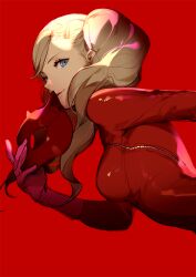 Rule 34 | 1girl, ask (askzy), blonde hair, blue eyes, bodysuit, breasts, commentary request, from side, gloves, leaning forward, long hair, looking at viewer, mask, unworn mask, medium breasts, persona, persona 5, pink gloves, red background, red bodysuit, red theme, simple background, solo, takamaki anne, twintails, upper body