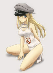 Rule 34 | 1girl, bismarck (kancolle), blonde hair, blue eyes, blush, breasts, cosplay, covered erect nipples, hat, kantai collection, large breasts, long hair, maru-yu (kancolle) (cosplay), maru-yu (kancolle), name connection, one-piece swimsuit, peaked cap, personification, school swimsuit, solo, swimsuit, takahashi takeshi, wet, white school swimsuit, white one-piece swimsuit