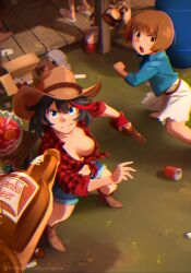 Rule 34 | 2girls, absurdres, barefoot, barrel, beer bottle, belt, black hair, blue eyes, blue shirt, bob cut, boots, bottle, bowl, box, breasts, brown belt, brown eyes, brown footwear, brown hair, cardboard box, cleavage, collarbone, collared shirt, commentary, cowboy boots, cowboy hat, cup, denim, denim shorts, disposable cup, dog, dot nose, downblouse, dress, english commentary, english text, fingerless gloves, frown, fruit punch (drink), full body, furrowed brow, glass bowl, gloves, grass, guts (kill la kill), hat, highres, holding, holding bottle, khyle., kill la kill, large breasts, looking at viewer, mankanshoku mako, matoi ryuuko, medium breasts, medium dress, medium hair, midriff, multicolored hair, multiple girls, navel, no bra, open mouth, outdoors, parody, patreon username, pill bottle, plaid, plaid shirt, popped collar, porch, red gloves, red hair, red shirt, shirt, shorts, single glove, sleeves past elbows, sleeves rolled up, slippers, split mouth, standing, straight hair, streaked hair, teeth, throwing, throwing drink, two-tone hair, upper teeth only, watermark, web address, white dress, white footwear, wooden porch
