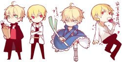 Rule 34 | 4boys, ahoge, arthur pendragon (fate), artoria pendragon (all), artoria pendragon (fate), bag, blonde hair, casual, chibi, coat, cosplay, crossdressing, cup, dress, drinking glass, dual persona, earrings, fate/prototype, fate/stay night, fate/zero, fate (series), gilgamesh (fate), green eyes, grocery bag, jewelry, male focus, mayer, multiple boys, necklace, official alternate costume, red eyes, saber (fate), saber (fate) (cosplay), shopping bag, spring onion, white background, wine glass