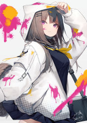 Rule 34 | 1girl, absurdres, animal ears, animal hood, arm up, bag, black sailor collar, black serafuku, black shirt, black skirt, breasts, brown hair, commentary request, dated, fake animal ears, grey background, hair ornament, hairclip, highres, hood, hood up, hooded jacket, jacket, long hair, long sleeves, looking at viewer, mask, mask pull, mayogii, medium breasts, mouth mask, neckerchief, open clothes, open jacket, original, paint splatter, paint splatter on face, parted lips, pleated skirt, puffy long sleeves, puffy sleeves, purple eyes, sailor collar, school uniform, serafuku, shirt, signature, skirt, sleeves past wrists, solo, tail, white jacket, yellow neckerchief