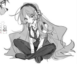 Rule 34 | 1girl, bow, collared shirt, crossed legs, freckles, greyscale, hair bow, hairband, ishmael (project moon), limbus company, long sleeves, monochrome, necktie, pants, project moon, rope, rw0419, shirt, simple background, sitting, sketch, solo, sweat, vest