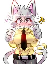 Rule 34 | animal ears, breasts, cat ears, cat girl, character request, emerald kitty, grey hair, heart, heart-shaped pupils, highres, large breasts, open mouth, red eyes, symbol-shaped pupils, tail