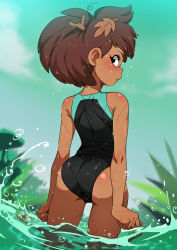 Rule 34 | 1girl, amphibia, anne boonchuy, ass, breasts, brown hair, cameltoe, dark-skinned female, dark skin, female focus, from behind, highres, jcm2, leaf, leaf on head, light blush, looking at viewer, looking back, messy hair, one-piece swimsuit, partially submerged, plant, small breasts, solo, source request, swimsuit, thigh gap, twig, water, wet
