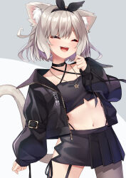 Rule 34 | 1girl, :d, ^ ^, animal ear fluff, animal ears, black hairband, black jacket, black shirt, black skirt, breasts, cat ears, cat girl, cat tail, closed eyes, collar, cropped shirt, fangs, grey hair, hairband, halter shirt, halterneck, highres, jacket, long sleeves, midriff, miniskirt, navel, neo-porte, open clothes, open jacket, open mouth, pleated skirt, puffy long sleeves, puffy sleeves, shirt, short hair, single leg pantyhose, skirt, sleeves past wrists, small breasts, smile, stomach, tail, virtual youtuber, win opz, yozuna niu