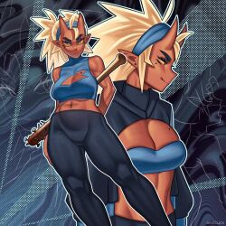 Rule 34 | 1girl, bandeau, baseball bat, black bandeau, black pants, blue bandeau, blue hairband, breasts, cleavage, cleavage cutout, clothing cutout, colored sclera, colored skin, commentary, crop top, english commentary, hairband, highres, horns, large breasts, midriff, mismatched eyebrows, mole, mole on breast, mole under eye, nail, nail bat, navel, navel piercing, nicuoi, orange eyes, orange skin, original, pants, piercing, pointy ears, skin-covered horns, sleeveless, sleeveless turtleneck, smile, tight clothes, tight pants, toned, turtleneck, twitter username, yellow sclera, yoga pants