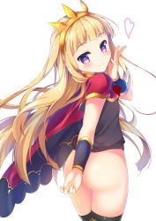 Rule 34 | 10s, 1girl, absurdres, ass, black thighhighs, blonde hair, blunt bangs, blush, bottomless, cagliostro (granblue fantasy), cape, commentary request, covering privates, covering ass, crown, from behind, granblue fantasy, hairband, highres, kaniya shiku, long hair, looking at viewer, looking back, purple eyes, simple background, smile, solo, thighhighs