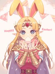 Rule 34 | 1girl, :o, animal ears, armor, blonde hair, blue eyes, blush, blush stickers, bracer, cape, circlet, closed eyes, commentary, covered mouth, dress, earrings, easter, easter egg, egg, english commentary, eyelashes, fake animal ears, forehead jewel, gem, hair ornament, hands up, happy easter, holding, hoop earrings, jewelry, kirby, kirby (series), long hair, looking at viewer, miri (cherryjelly), nintendo, open mouth, parted bangs, pennant, pink dress, pointy ears, princess zelda, rabbit ears, red gemstone, short sleeves, shoulder armor, sidelocks, simple background, string of flags, super smash bros., the legend of zelda, the legend of zelda: a link between worlds, triforce earrings, upper body, white cape, white dress