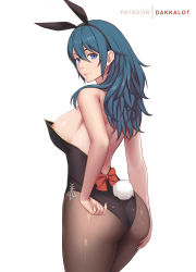 Rule 34 | 1girl, animal ears, areola slip, ass, bare arms, bare shoulders, black hairband, black leotard, blue eyes, blue hair, bow, breasts, brown pantyhose, byleth (female) (fire emblem), byleth (fire emblem), closed mouth, cowboy shot, dakkalot, fake animal ears, fake tail, fire emblem, fire emblem: three houses, from behind, hair between eyes, hairband, large breasts, leotard, looking at viewer, looking back, nintendo, pantyhose, playboy bunny, rabbit ears, rabbit tail, red bow, simple background, smile, solo, strapless, strapless leotard, tail, white background
