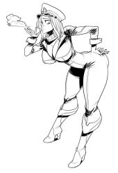 Rule 34 | 1girl, ass, blowing kiss, boku no hero academia, boots, breasts, cleavage, collar, curvy, greyscale, groove1121, hand on own ass, hat, hero, high heel boots, high heels, highres, huge ass, large breasts, leaning forward, lineart, military hat, monochrome, no, thick thighs, thighs, unitard, utsushimi camie, utsushimi kemii, wide hips, zipper unitard