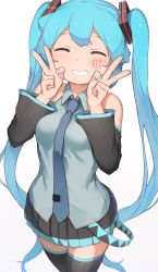 Rule 34 | 1girl, abmayo, absurdres, aqua hair, bare shoulders, black thighhighs, breasts, commentary request, detached sleeves, double v, facing viewer, grin, hair ornament, hands up, hatsune miku, highres, long hair, necktie, skirt, sleeveless, smile, solo, thighhighs, twintails, v, very long hair, vocaloid