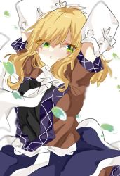 Rule 34 | 1girl, arm warmers, arms up, bad id, bad pixiv id, black shirt, blonde hair, brown jacket, commentary, cowboy shot, eyes visible through hair, green eyes, hair between eyes, jacket, looking at viewer, medium hair, mizuhashi parsee, multicolored clothes, multicolored jacket, nishiki1225, open mouth, sash, scarf, shirt, simple background, solo, touhou, white background, white sash, white scarf