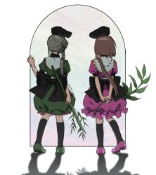 2girls arms_behind_back back back_bow bamboo_steamer black_bow black_hat black_socks bow brown_hair dress frills full_body green_dress green_footwear grey_hair hand_up hat highres holding holding_bamboo_steamer kaigen_1025 kneehighs leaf multiple_girls myouga_(plant) nishida_satono pink_dress pink_footwear puffy_short_sleeves puffy_sleeves shadow shoes short_hair_with_long_locks short_sleeves sidelocks simple_background socks standing teireida_mai touhou white_background