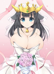 Rule 34 | 1girl, absurdres, animal ears, bare shoulders, bell, black hair, blue eyes, blunt bangs, blush, bouquet, breasts, bridal veil, bursting breasts, choker, cleavage, closed mouth, collar, cow ears, cow horns, cowbell, crown, dress, eyebrows, flower, gem, gradient background, green gemstone, hat, heart, highres, holding, holding bouquet, horns, huge breasts, kurokaze no sora, long hair, looking at viewer, miru holstein, neck bell, pink background, pink flower, pink ribbon, pink rose, raised eyebrows, ribbon, rose, sidelocks, skindentation, smile, solo, sparkle, standing, straight hair, strapless, strapless dress, tiara, transparent, uchi no hime-sama ga ichiban kawaii, v arms, veil, wedding dress, white dress