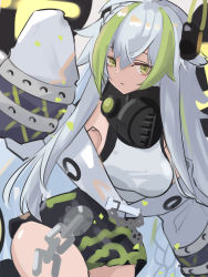 Rule 34 | 1girl, armpits, asususususu, black shorts, breasts, chain, character request, cooper-zora (witch&#039;s weapon), gas mask, green eyes, grey hair, grey jacket, hair between eyes, highres, jacket, long hair, long sleeves, looking at viewer, mask, multicolored hair, shirt, shorts, simple background, solo, streaked hair, white shirt, witch&#039;s weapon