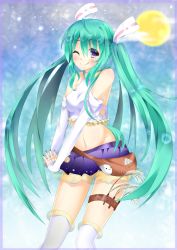 Rule 34 | 1girl, absurdres, bad id, bad pixiv id, bag, blue eyes, blue hair, blue skirt, blush, crop top, detached sleeves, frills, hair ribbon, handbag, hatsune miku, highres, long hair, midriff, miniskirt, navel, navy (navy.blue), one eye closed, own hands clasped, own hands together, ribbon, shiny skin, skirt, smile, solo, sun, thighhighs, twintails, very long hair, vocaloid, white thighhighs