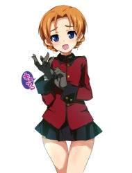 Rule 34 | 10s, 1girl, :d, black skirt, blue eyes, braid, commentary request, cowboy shot, epaulettes, girls und panzer, glove pull, gloves, highres, jacket, long sleeves, looking at viewer, military, military uniform, miniskirt, open mouth, orange hair, orange pekoe (girls und panzer), ouhashi, parted bangs, pleated skirt, red jacket, short hair, simple background, skirt, smile, solo, st. gloriana&#039;s military uniform, thigh gap, twin braids, uniform, white background