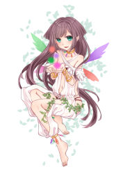 Rule 34 | 1girl, :d, anklet, barefoot, barefoot sandals (jewelry), brown hair, center opening, cupping hands, dress, eyebrows, full body, green eyes, ivy, jewelry, leaf, long hair, looking at viewer, navel, open mouth, original, own hands together, plant, pointy ears, simple background, smile, solo, tareme, toes, white background, white dress, wings, yayoi (egoistic realism)