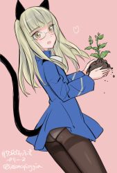 Rule 34 | 1girl, :d, animal ears, aohashi ame, ascot, ass, black pantyhose, blonde hair, blush, cat ears, cat tail, dirt, glasses, heart, highres, long hair, long sleeves, one-hour drawing challenge, open mouth, panties, panties under pantyhose, pantyhose, perrine h. clostermann, pink background, plant, simple background, smile, solo, strike witches, tail, thighband pantyhose, underwear, white panties, world witches series, yellow eyes