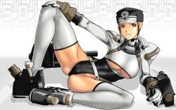 Rule 34 | 1girl, atlus, belt, boots, breasts, cameltoe, gloves, gouketsuji ichizoku, groove on fight, hat, highres, legs, leotard, looking at viewer, police, police uniform, policewoman, qkat (arikawa-dou), red eyes, red hair, short hair, shoulder pads, simple background, smile, solis r8000, solo, thighhighs, underboob, uniform