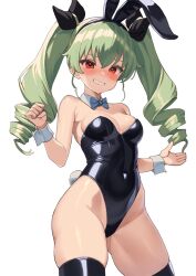 Rule 34 | 1girl, akahara tyun, anchovy (girls und panzer), animal ear hairband, animal ears, black leotard, black thighhighs, blue bow, blue bowtie, blush, bow, bowtie, breasts, commentary, commission, contrapposto, curvy, detached collar, drill hair, girls und panzer, green hair, highleg, highleg leotard, leotard, long hair, medium breasts, nose blush, pixiv commission, playboy bunny, rabbit ear hairband, rabbit ears, rabbit tail, red eyes, revealing clothes, shiny clothes, shiny skin, simple background, smile, solo, strapless, strapless leotard, tail, thighhighs, thong leotard, twin drills, twintails, w arms, white background, wide hips, wrist cuffs