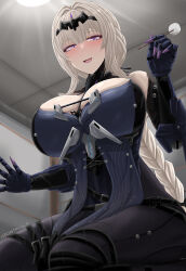 Rule 34 | 1girl, archstreal, bare shoulders, belt, bianca: stigmata (punishing: gray raven), bianca (punishing: gray raven), black gloves, black leotard, black pantyhose, blush, braid, braided ponytail, breasts, cleavage, elbow gloves, gauntlets, gloves, grey hair, hair ornament, highres, lap pillow invitation, large breasts, leotard, long hair, looking at viewer, mole, mole under eye, open mouth, pantyhose, punishing: gray raven, purple eyes, seiza, sidelocks, sitting, smile, solo, thigh strap, thighs