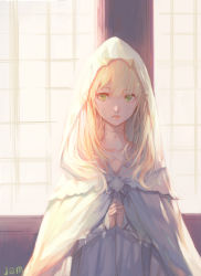 Rule 34 | 1girl, absurdres, artist name, blonde hair, cloak, commentary, green eyes, hair between eyes, highres, hood, hood up, hooded cloak, indoors, jam (nandade), long hair, looking at viewer, open mouth, original, own hands clasped, own hands together, parted lips, solo, standing, turtleneck, upper body, white cloak