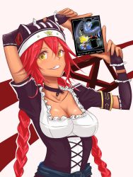 Rule 34 | 1girl, braid, breasts, bridal gauntlets, choker, cleavage, frills, grin, hat, highres, long hair, looking at viewer, lupusregina beta, maid, myht, overlord (maruyama), red hair, smile, solo, twin braids, underbust, yellow eyes