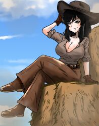 Rule 34 | 1girl, absurdres, adjusting clothes, adjusting headwear, alternate costume, belle (girls und panzer), belt, black belt, black hair, blue sky, boots, breasts, brown eyes, brown footwear, brown gloves, brown pants, cleavage, cleavage cutout, closed mouth, clothing cutout, cloud, cloudy sky, commentary, cowboy hat, crossed legs, day, dirty, girls und panzer, gloves, grey shirt, hat, hay, highres, large breasts, medium hair, moesenyukikaze, outdoors, pants, shirt, short sleeves, sitting, sky, sleeves rolled up, smile, solo
