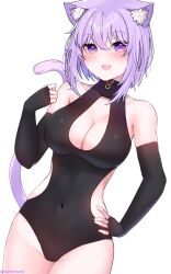 Rule 34 | 1girl, absurdres, ahoge, animal ear fluff, animal ears, aurahman, bare shoulders, black leotard, blush, breasts, cat ears, cat girl, cat tail, cleavage, clothing cutout, covered navel, detached sleeves, hair between eyes, hand on own hip, highres, hololive, large breasts, leotard, looking at viewer, nekomata okayu, open mouth, purple eyes, purple hair, short hair, simple background, solo, tail, virtual youtuber, white background