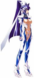 Rule 34 | 1girl, blue eyes, blue hair, bodysuit, breasts, covered erect nipples, fortified suit, long hair, mitsurugi meiya, muv-luv, muv-luv alternative, sword, very long hair, weapon