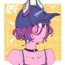 Rule 34 | 1girl, animal ears, bare shoulders, baseball cap, black camisole, black choker, blue hat, brown eyes, camisole, choker, closed mouth, collarbone, commentary, cropped torso, ears through headwear, english text, eyepatch, hat, highres, horse ears, kakishirasu, looking at viewer, multicolored hair, o-ring, o-ring choker, purple hair, smile, solo, streaked hair, symbol-only commentary, tanino gimlet (umamusume), umamusume, upper body, white hair, yellow background