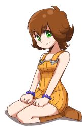 Rule 34 | 1girl, bare shoulders, blush, boots, breasts, brown hair, closed mouth, commentary request, dress, final fantasy, final fantasy viii, flipped hair, full body, green eyes, highres, looking at viewer, selphie tilmitt, short hair, simple background, sitting, skirt, small breasts, solo, white background, yellow overalls, yellow skirt, yuuya (blue scarab)