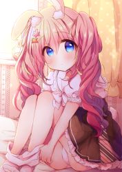 Rule 34 | 1girl, :o, animal ears, bed sheet, blue eyes, blush, brown skirt, clothes pull, commentary request, curtains, day, food-themed hair ornament, frilled sailor collar, frills, hair between eyes, hair ornament, haru ichigo, head tilt, highres, indoors, long hair, looking at viewer, no shoes, original, panties, pantyhose, pantyhose pull, parted lips, pink hair, pleated skirt, puffy short sleeves, puffy sleeves, pulled by self, rabbit ears, rabbit girl, rabbit tail, sailor collar, shirt, short sleeves, sitting, skirt, solo, sunlight, tail, underwear, undressing, unmoving pattern, very long hair, white panties, white pantyhose, white sailor collar, white shirt, window