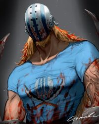 Rule 34 | 1boy, blonde hair, blood, blood in hair, blood on clothes, blood on mask, bloody weapon, blue shirt, facial hair, facial hair through mask, goatee, gomoku 0318, highres, hockey mask, killer (one piece), long hair, male focus, mask, muscular, muscular male, one piece, shirt, short sleeves, signature, solo, t-shirt, weapon