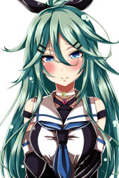 Rule 34 | 10s, 1girl, aqua hair, ar (lover boy), bare shoulders, black ribbon, blue eyes, blue neckerchief, blush, breasts, chain, chain necklace, choker, collarbone, detached sleeves, green hair, hair between eyes, hair ornament, hair ribbon, hairclip, heart-shaped lock, heart lock (kantai collection), highres, jewelry, kantai collection, long hair, looking at viewer, medium breasts, neckerchief, necklace, ponytail, ribbon, simple background, smile, solo, upper body, white background, yamakaze (kancolle)