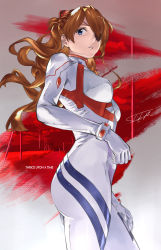 Rule 34 | 1girl, absurdres, artist request, ass, blue eyes, bodysuit, breasts, brown hair, copyright name, curvy, english text, evangelion: 3.0+1.0 thrice upon a time, eyepatch, floating hair, hair between eyes, hair ornament, highres, interface headset, long hair, looking at viewer, looking to the side, medium breasts, neon genesis evangelion, plugsuit, rebuild of evangelion, red sky, shiny clothes, simple background, skin tight, sky, solo, souryuu asuka langley, twintails, white bodysuit, wide hips