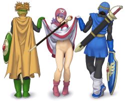 Rule 34 | 1girl, 2boys, assisted exposure, blush, boots, chunsoft, cleft of venus, clothes lift, dragon quest, dragon quest ii, enix, incest, irotsuya, multiple boys, navel, no panties, prince of lorasia, prince of samantoria, princess of moonbrook, purple hair, pussy, shield, skirt, skirt lift, staff, uncensored