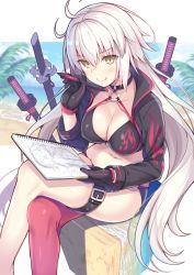 Rule 34 | 1girl, :q, ahoge, beach, bikini, black bikini, black gloves, black jacket, blurry, blurry background, blush, breasts, choker, cleavage, commentary request, crossed legs, day, fate/grand order, fate (series), gloves, hair between eyes, highres, holding, holding notepad, holding pen, jacket, jeanne d&#039;arc alter (swimsuit berserker) (fate), jeanne d&#039;arc (fate), jeanne d&#039;arc alter (fate), jeanne d&#039;arc alter (swimsuit berserker) (fate), katana, large breasts, long hair, looking at viewer, multiple swords, notepad, nozomi tsubame, o-ring, o-ring bikini, outdoors, pen, red thighhighs, revision, shrug (clothing), silver hair, single thighhigh, sitting, smile, solo, swimsuit, sword, thighhighs, tongue, tongue out, very long hair, weapon, yellow eyes