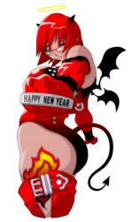 Rule 34 | 1girl, boots, demon, demon girl, glasses, halo, horns, koutarou, koutarou (girl power), latex, new year, one eye closed, original, red eyes, red hair, solo, tail, tattoo, thigh boots, thighhighs, wings, wink