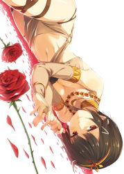 Rule 34 | 1girl, arabian clothes, bad id, bad pixiv id, bracelet, breasts squeezed together, breasts, bridal gauntlets, brown hair, choker, cleavage, dancer, dutch angle, expressionless, flower, hair ornament, highres, jewelry, jitome, kinta (distortion), looking at viewer, lying, midriff, necklace, o-ring, on side, original, petals, red eyes, rose, rose petals, short hair, small breasts, solo, upside-down
