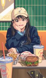 Rule 34 | 1girl, :d, bf. (sogogiching), blue shirt, bread, brown hair, burger, cellphone, commentary request, copyright request, cup, disposable cup, drinking straw, fast food, food, french fries, hat, head tilt, indoors, korean commentary, lettuce, long hair, long sleeves, looking at viewer, open mouth, phone, sesame seeds, shirt, sliced cheese, smile, solo, table, teeth, tile wall, tiles, tomato, tomato slice, tongue, upper teeth only, yellow hat